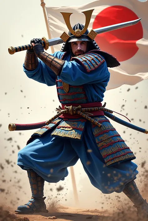 An japan samurai, with intricate armor, aggressive, fighting with nodachi, dynamic pose, dueling stance, painting style. Rich clothes, colorfull mostly blue and white, battle equipment, flag of the daimyo in the background, alone