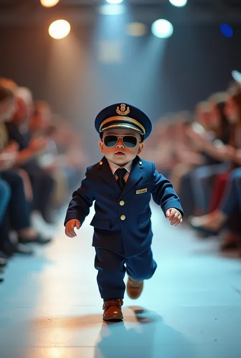 Create an ultra-realistic image of an adorable baby dressed as a pilot, complete with a miniature uniform, captain’s hat, and aviator sunglasses. The baby confidently strides down a luminous runway surrounded by an enthusiastic audience. The scene is sophi...