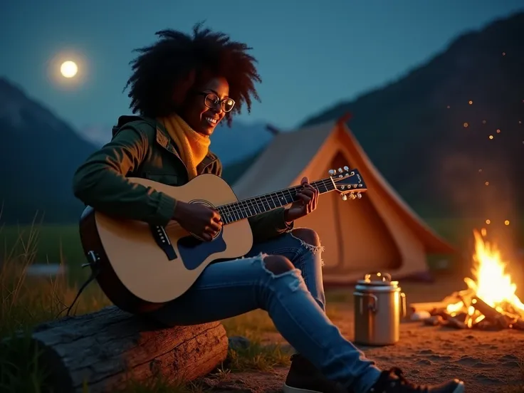 Create a very detailed cinematic photo of an 18 year old African girl sitting on a log near the fireplace, playing a acoustic guitar, smile, her hair is frizzy curls, beautiful detailed eyes, beautiful detailed lips, extremely detailed face, warm lighting,...