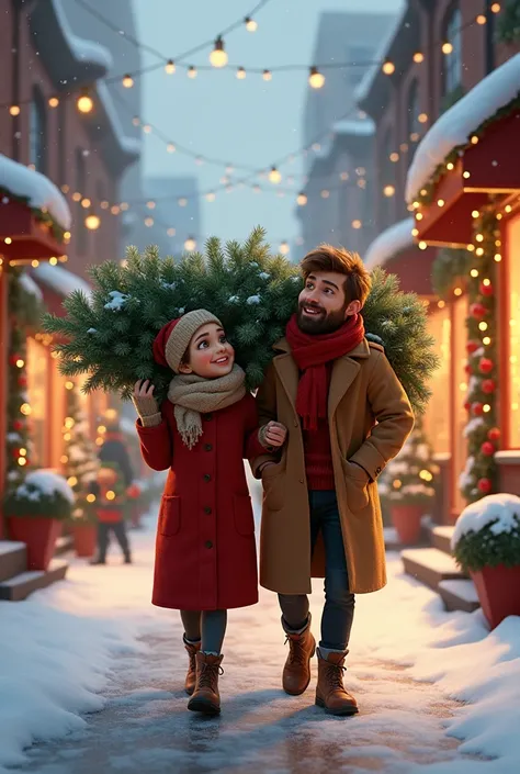 disney characters,a couple on the street with a Christmas tree 