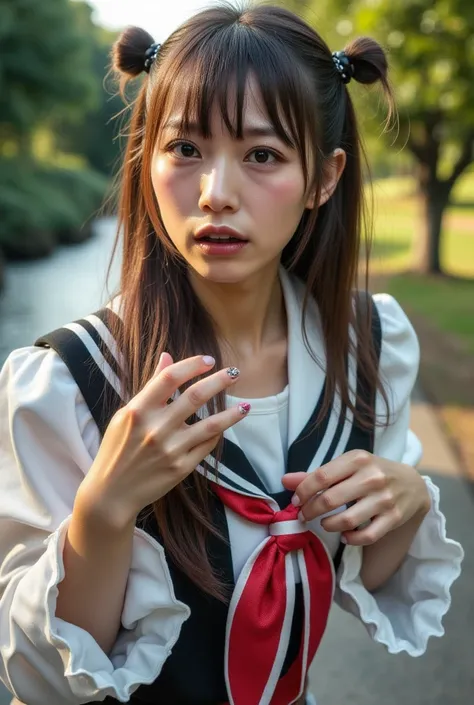  super real ,  photorealistic,  Dramatic Scene , shadow, Global Illumination, Alone, A very beautiful Japanese woman,  SHES A HIGH SCHOOL ,  Outside of the city , very pretty and very cute naughty face,  wearing a high school sailor uniform , smile