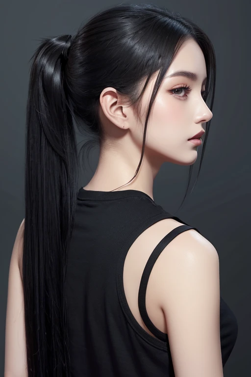 Black hair in a ponytail、 loose girl with twin tails, ,  black t-shirt , inflammation,  elegant ,  digital paint,  concept art ,  Sharp Focus,  illustration  