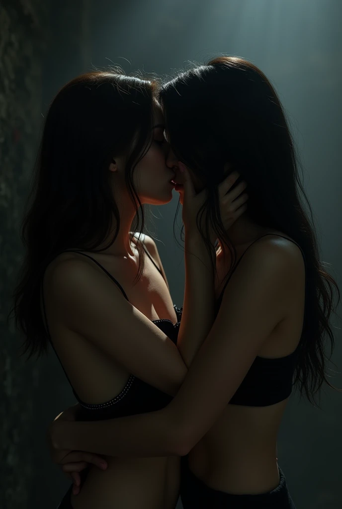 Two girls kissing their hair covering their face. One has dark brown hair the other one is Billie eilish with black hair. Dark romantic aesthetic.