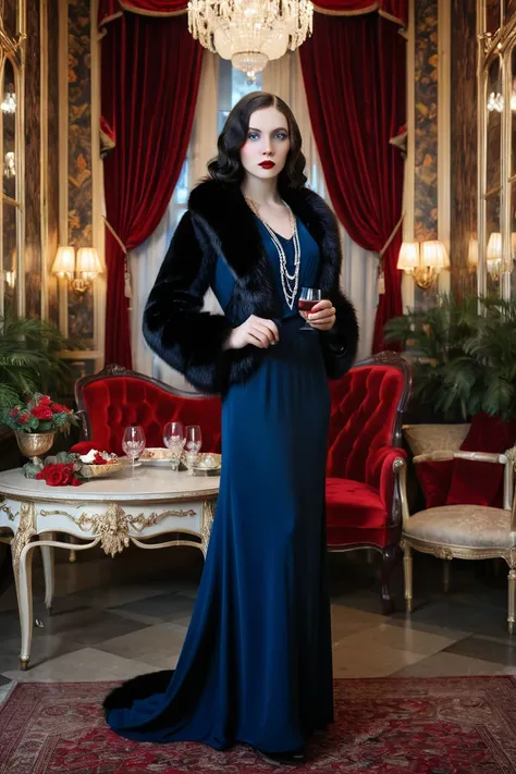 @--image --ar 9:16 "A young white woman with long dark hair. She has bright blue eyes and an intense gaze. She is of English nationality. She is wearing a luxurious long black dress with red details, in an extremely luxurious 1920s era environment with a f...