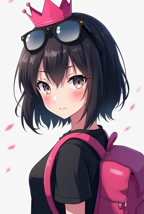 Anime girl,  short black hair ,  big white eyes with a serious face , black t-shirt with pink backpack ,  pink crown on the head and also with sunglasses on the top of the head 