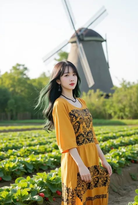 beautiful Korean girl,little fat very long black wavy hair with shiny green tips, wearing black earrings, a black necklace, and an white watch. wearing a long closed yellow dress black batik paternd. standing in front of a windmill in a gian strawberry fie...