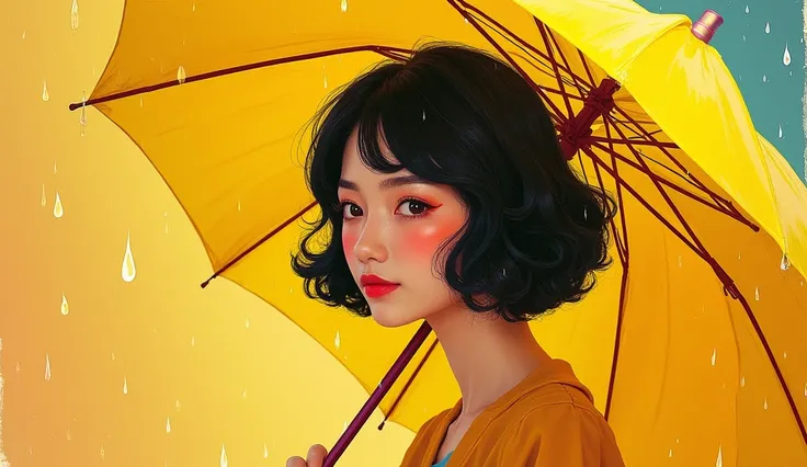 solid color background, japan retro art style, pop oil color, duotones, hand-drawn, a short wavy-haired woman, her face lit with a serene smile, holding a yellow umbrella, raindrops glistening around her