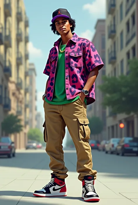 A guy wearing a khaki cargo pants, a green t shirt and over the t shirt a leopard pink and purple shirt, with a purple and black snap back and air jordan shoes black, white and red