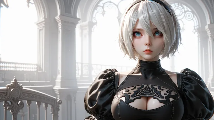 dark hell background 、Gothic、 bondage 、 Nier Automata、2b、Yorha Type 2 、 erotic mature woman in her 50s、Big Breasts、Advanced、 high definition 、 big round eyes 、 high definition な目、 long eyelashes、 delicate collarbone 、Oversized breasts that seem to pop 、Sma...