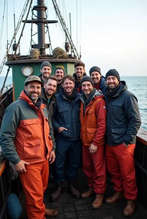  A group of smiling fishermen ,  gathered on a fishing vessel in the middle of the ocean ,  posing for a photo .  everyone is in front of the camera ,  with expressions of happiness and pride .  They wear typical fishing clothes , like vests ,  boots and h...