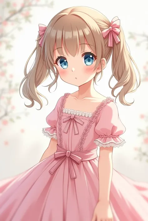  anime girl ,  with big tender and light blue eyes ,  Light brown hair, Two pigtails are with pink ribbons.  18th century style pink dress 