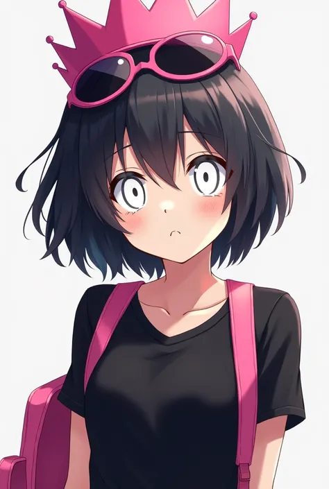 Anime girl,  short black hair ,  big white eyes with a serious face , black t-shirt with pink backpack ,  pink crown on the head and also with sunglasses on the top of the head 