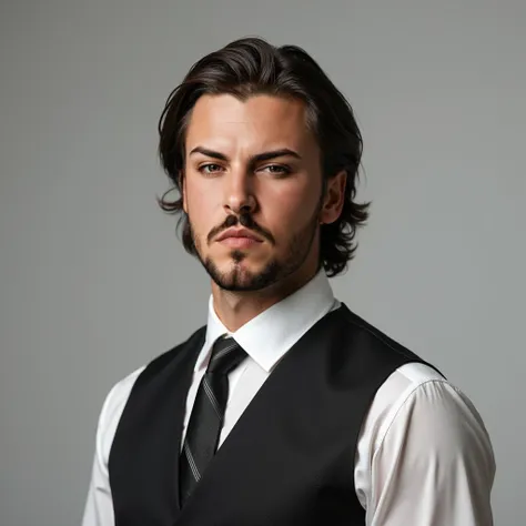 man,just the bust, medium wavy hair combed backwards,VEST AND DRESS SHIRT. On a gray background