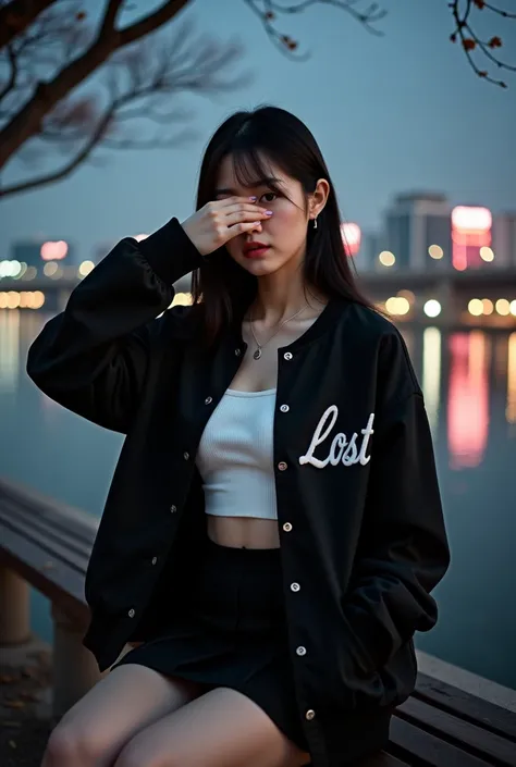  A beautiful beautiful Korean woman top 5 model Asian woman is sitting alone on a bench in front of the Han River, In Korea,  skirt with your hand on your face,  Wiping Away the Tears .  She has straight black hair and wears a mini white tube top ,  a shor...