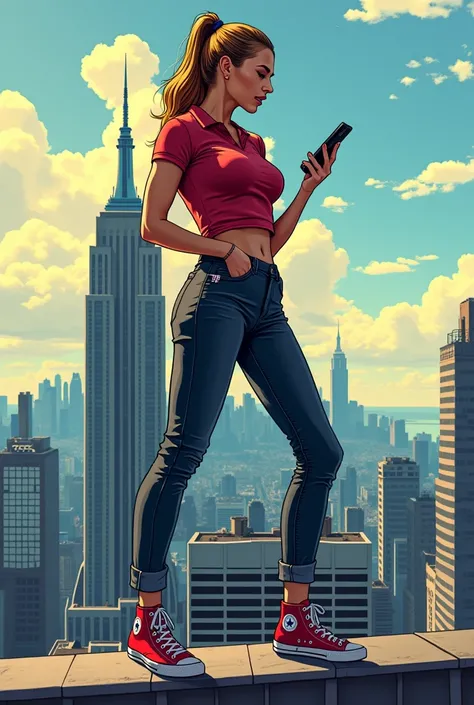 REALISTIC ILLUSTRATION OF HIGH GRAPHICS MODERN COMIC STYLE  , Wear dark denim pants for women with a red canvas sneaker crushing a smartphone on the roof of a building, New York City in the background 