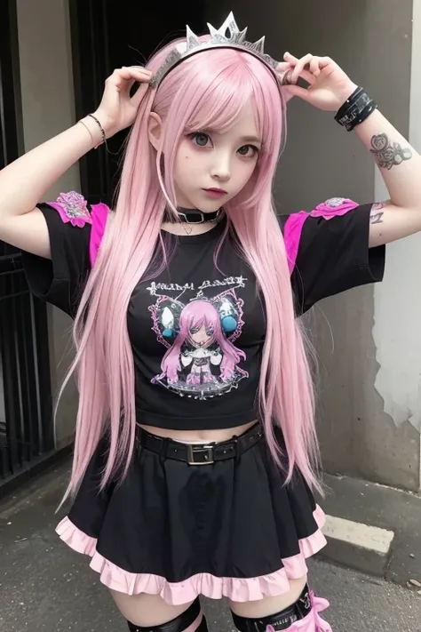 araffe girl  Pink Hair and a crown on her head, I put on punk clothes,  crust punk attire ,  anime girl cosplay, Cybergoth, Wearing punk clothes,  Kelly Coif as an anime girl,   old anime goth lolita girl ,  Belle Delphine , Anime Cosplay,  Pink Hair,   an...