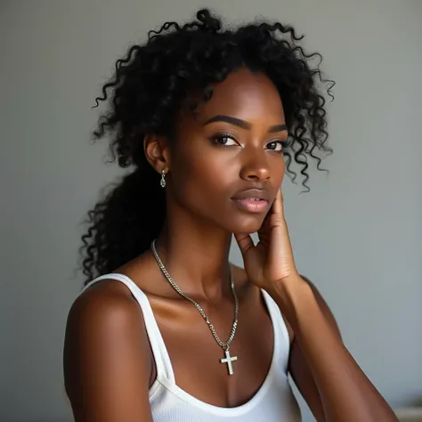 A young Black woman, mid-20s, is the main subject.  She is positioned slightly off-center to the left side of the image.  She is looking off to the viewers right.  Her expression is neutral and thoughtful.  She has dark, curly hair styled in a low ponytail...