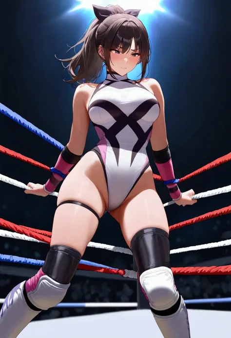 ((((masterpiece)))), (( unity 8k wallpaper, photorealistic , (( detailed face )), ((nsfw)), Female Pro Wrestler with Floating Legs,Umesaki Haruka ,Painful face, absolute center,Ponytail,ribbon,Pure white leotard,Elbow guard, leg protector ,3 ropes strung o...