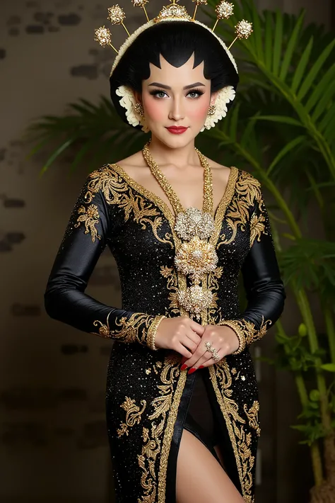 sexy javanese with absolute cleavage and thigh slit wearing glasses showing navel