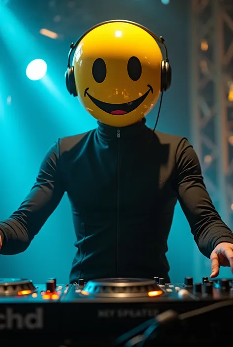 a dj wearing a yellow emoji mask helmet made of urethane plastic