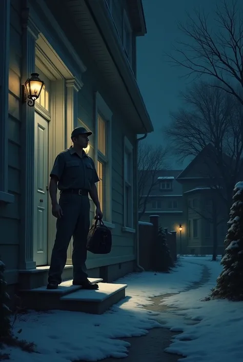 Outside the doctor’s house at night. The plumber stands at the door, holding a tool bag, looking tired and sleepy. The atmosphere reflects the cold and quiet of the night.