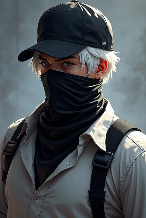 Generate a drawing of a man ,  of Free Fire with a black cap with the caps brim covering the eye and with white hair, with a black mask and white shirt with black shoulder straps 