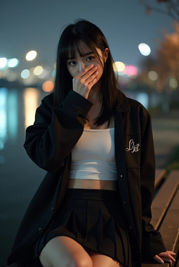  A beautiful beautiful Korean woman top 5 model Asian woman is sitting alone on a bench in front of the Han River, In Korea,  skirt with your hand on your face,  Wiping Away the Tears .  She has straight black hair and wears a mini white tube top ,  a shor...