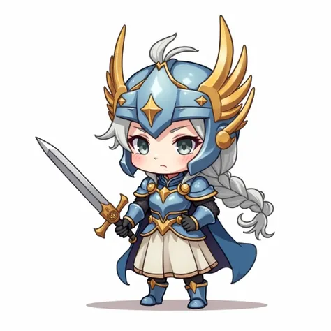  Create a chibi-style full body illustration of the character " Lenneth" of the game " Valkyrie Profile", in his classic armor ,  that evokes a heavenly and powerful look .
 The character should have an exaggeratedly large head in relation to the body,  wi...