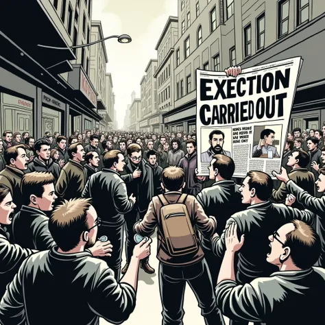 A busy street corner with a throng of people gathered at a newsstand. The newspapers front page features a bold headline, “Execution Carried Out,” along with a detailed portrait of Martin Thorn. People push forward with coins in hand, eager to buy their co...