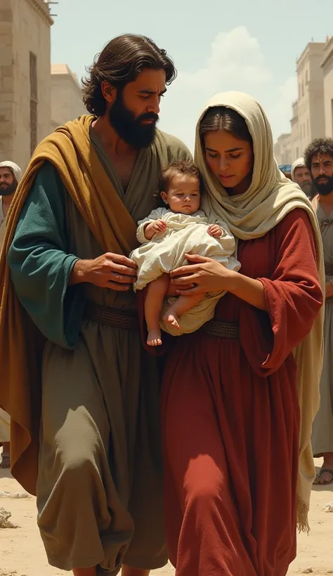 Jose,  THE FATHER OF JESUS WALKS WITH MARY,  AND THE NEWBORN BABY JESUS , WITH A FACE OF CONCERN AND URGENCY