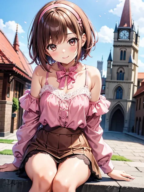  4K quality,  cute,  brown eyes,Brown Hair,20-year-old woman,1 person,  small breasts, pink blouse with open shoulders and lace, black lace mini skirt right in front of the castle ,   pink hair band ,  landmine fashion,smile,  short hair , Blurry Backgroun...