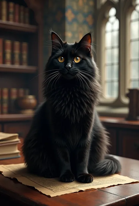 Create a black Siberian cat with brown eyes at Hogwarts in the transfiguration room sitting on the table
