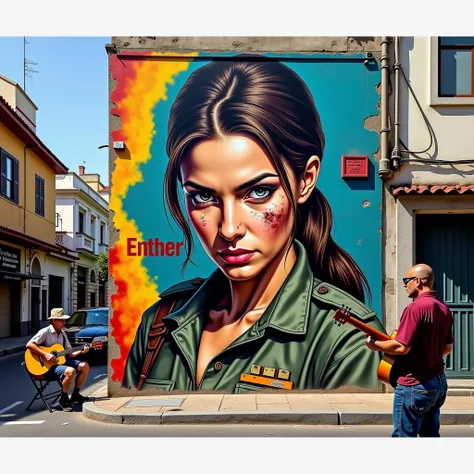 Night of Rio de Janeiro ; nº 51,  Rua Viscondessa Pirassununga, New City , Rio de Janeiro - RJ; A large panel on the street with a drawing of a serious female soldier, bruised and fearless , Realistic,  multicolored, Draw the word "Enther"  framed with a K...