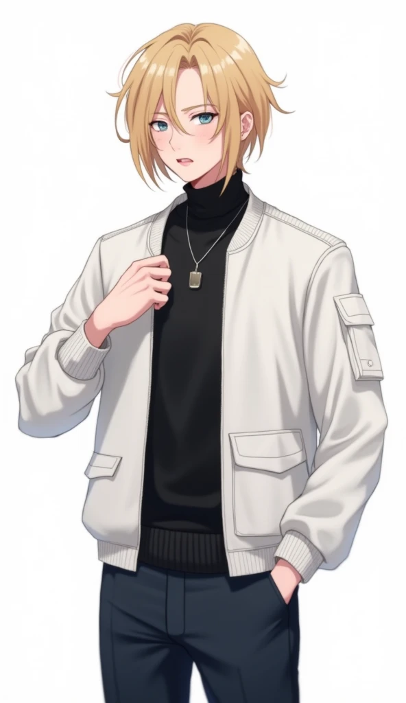 аниме — full body, image of an 18 year old boy, manly,  digital image ,  idol blonde boy with medium lenght hair, bangs, blue eyes , illustration, white jacket,  black turtle neck, necklace, dark pants, sly and flirty expression, palms on chest , ryuta ued...