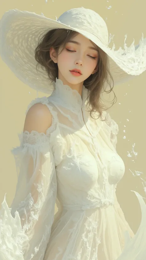 This is a digital painting of a womans calm expression in a white long-sleeve dress and a wide-brimmed hat. The background is soft and pale yellow, with water droplets gently floating around her head, adding to the dreamy and quirky atmosphere. The womans ...