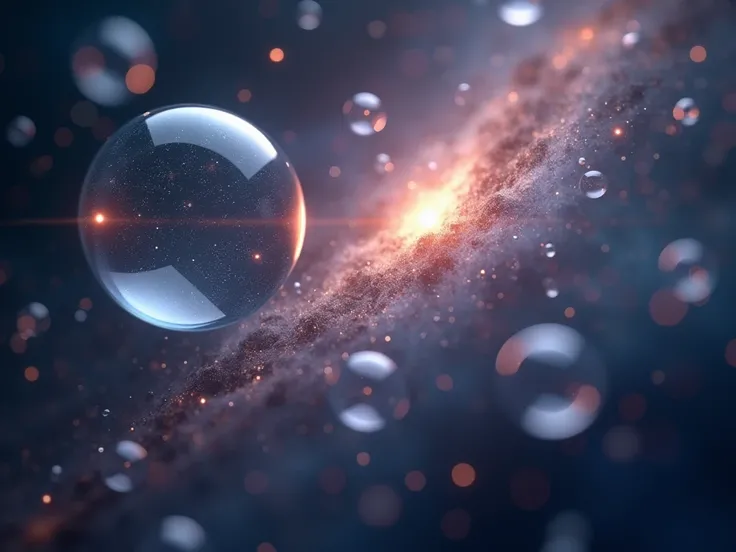 ( A representation of the concept ). Several transparent bubbles like glass floating in the vastness of the universe. Transparent bubbles filled with galaxies of multiverse. A constant universe of multiverse . 4K, realistic. Depth of Field ,  blurry circle...