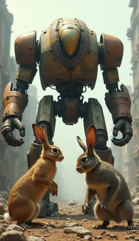 intense face-off between rust robot and rabbit 