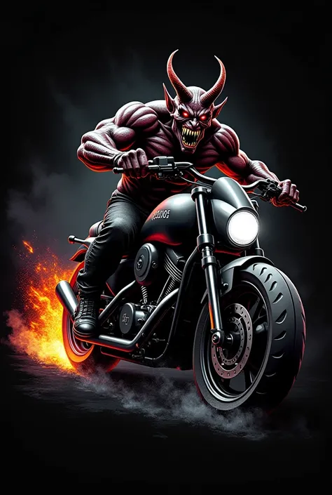 Draw me a design that can be printed on a t-shirt of the devil riding a motorcycle with black background