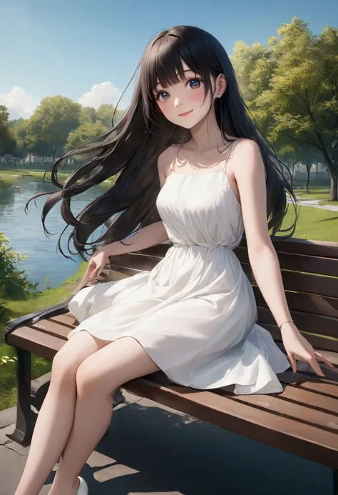 A woman sitting on a lakeside bench 、 beauty、 well-prepared face、Unified Eyes、20 years old、university student、((( wearing a long white dress )))、 is wearing white panties、 Pumps in an Urban Park 、smile、Hands in front、 Balanced Ratio 、perfect blue sky 、Medi...