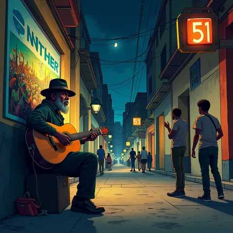 Night of Rio de Janeiro ; nº 51,  Rua Viscondessa Pirassununga, New City , Rio de Janeiro - RJ; A large panel on the street with a drawing of a war battle;  Realistic,  multicolored, Draw the word "Enther"  framed with a Key.  Man playing an old guitar on ...