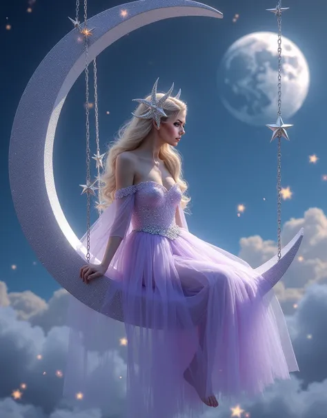 ultra realistic professional full body facing camera  (((,   Digital fantasy ethereal portrait, {celestial blonde woman in lavender-silver starry tulle gown}, {sitting gracefully on crescent moon swing}, wearing intricate {velvet-accented dress with delica...