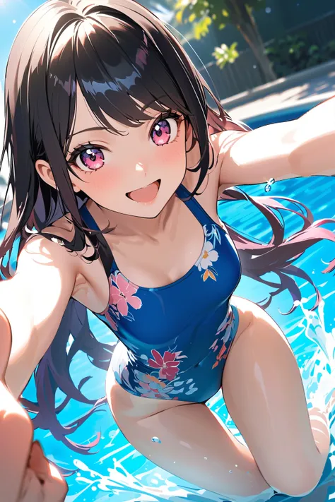 1 girl, (cute face), young heroine, (shoulder-length hair), (excited expression), (small breasts), slim, (wearing a cute one-piece swimsuit), floral designs,  
BREAK  
Poolside, vibrant pool water, (splashing water:1.2), (posing for a photo:1.2), colorful ...