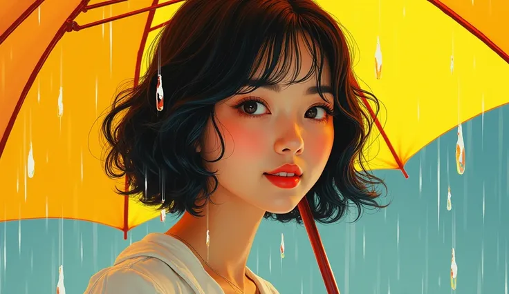 solid color background, japan retro art style, pop oil color, duotones, hand-drawn, a short wavy-haired woman, her face lit with a serene smile, holding a yellow umbrella, raindrops glistening around her