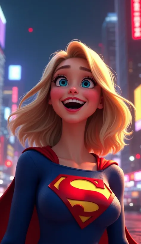 A highly detailed, animated-style portrayal of Supergirl with her iconic red and blue suit, featuring a large S emblem on her chest. She has an enthusiastic, wide-open smile, with her mouth slightly open, capturing her energetic and vibrant personality. He...