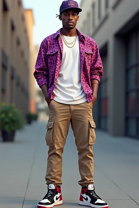 A guy wearing a khaki cargo pants, a white t shirt and over the t shirt a leopard pink and purple shirt, with a purple and black snap back and air jordan shoes black, white and red