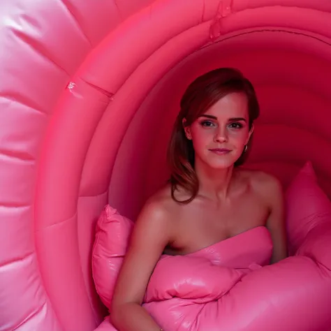 Naked and Emma Watson, lying in a small, tight inflatable cave shaped like a pink slimy tube that looks like the inside of a lightless stomach, deep in the pink slime, slime dripping from above, everything is wet, deep in the cave where everything is getti...