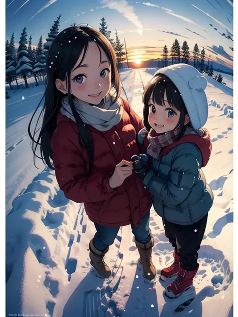  Highest Masterpieces，top quality， high image quality，( super flat ， flat shading  )， fisheye lens，Beautiful petite and well-trained young mother and her cute little training daughter:1.25，   warm scarf ， Down Jacket，(naked)， long hair， boots，smile, smile，...