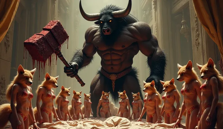 A giant killer black Minotaur with his bloody hammer on a bed with a harem of 10 female foxes in bikinis 