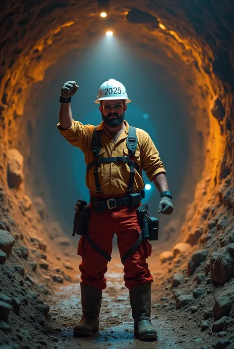 Become an expert and generate an image of a mining man wearing red pants and a white helmet inside a mining tunnel and that indicates the message of happy new year 2025
