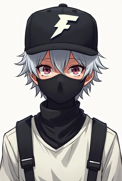 Generate a drawing of a man ,  of Free Fire with a black cap with the caps brim covering the eye and with white hair,  with a black mask and white shirt with black shoulder straps, with him in front  